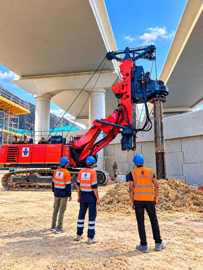 Low-headroom piling beneath a road deck